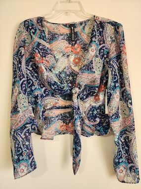 Design Lab Lord & Taylor Navy Paisley Tie-Front Blouse with Coral Accents